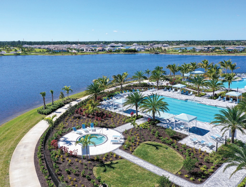 Aerial view of the SkySail resort pool and lake